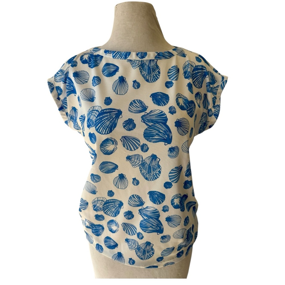 Vtg 70’s Devon Seashell Print Boat Neck Polyester Top Sz M Nautical Boho Beac
